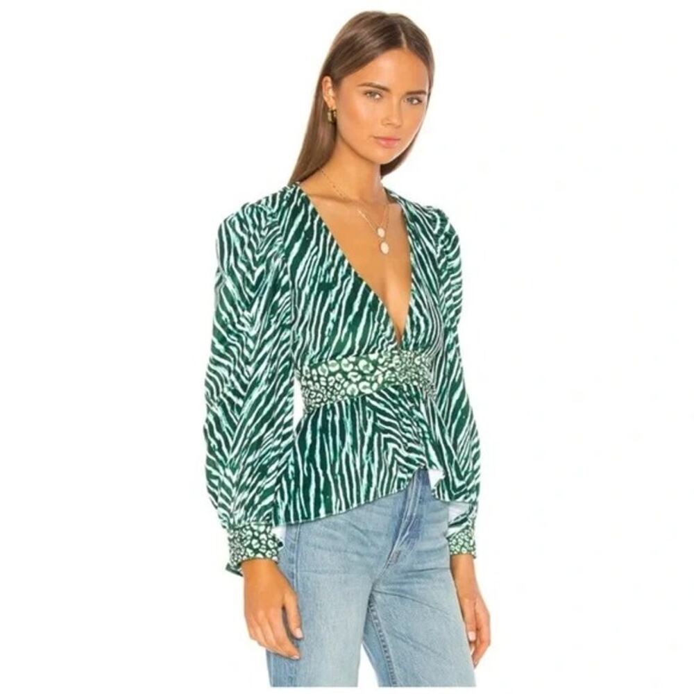 ROCOCO SAND -NWT- Irene Green Animal Print Peplum Blouse | Small